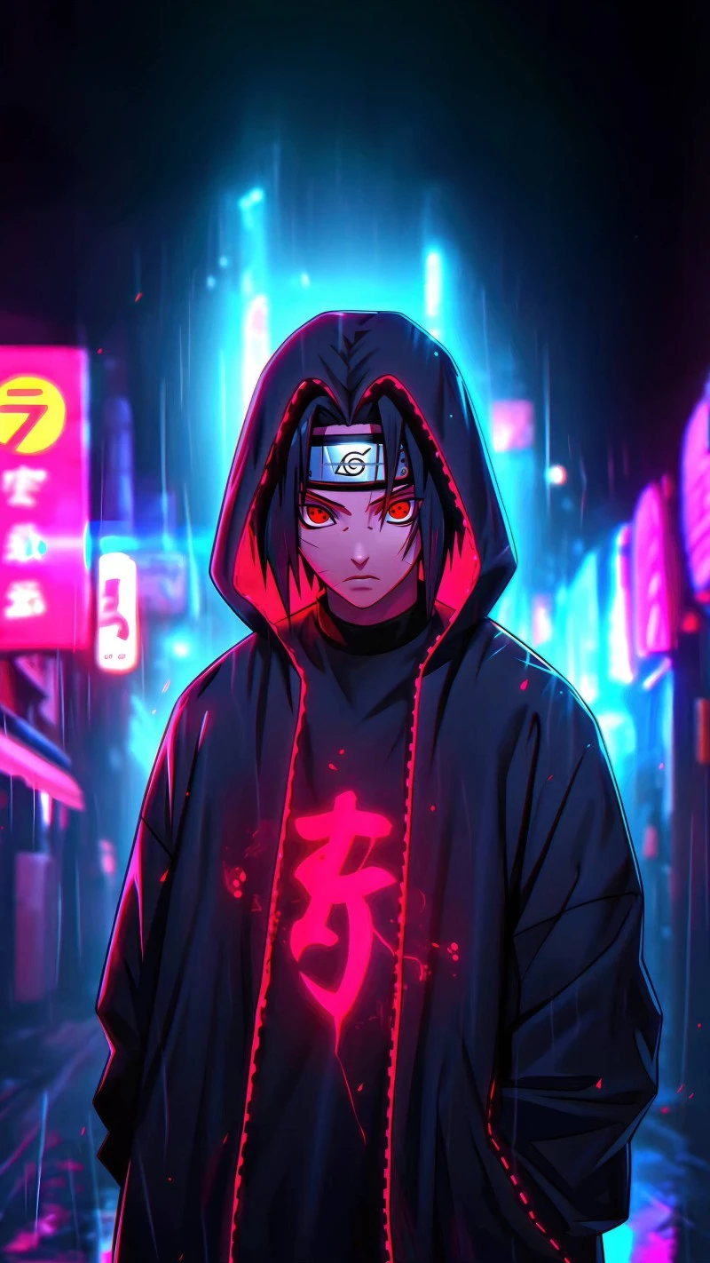 Itachi Uchiha in a Neon-Lit City 4K Mobile Wallpaper
