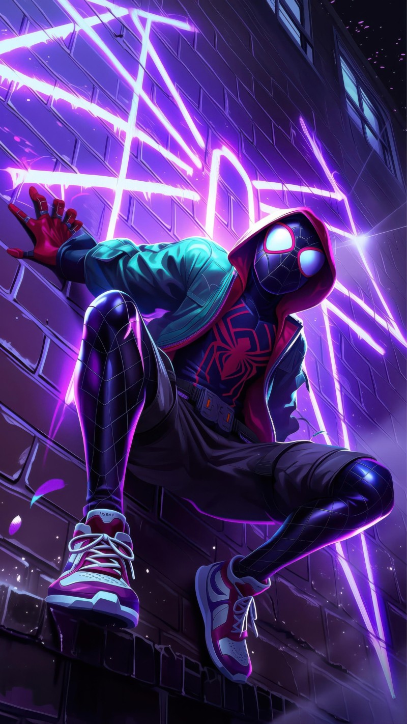 Vibrant Purple Spider-Man Action Wallpaper for Phone 4K Lights Wallpaper