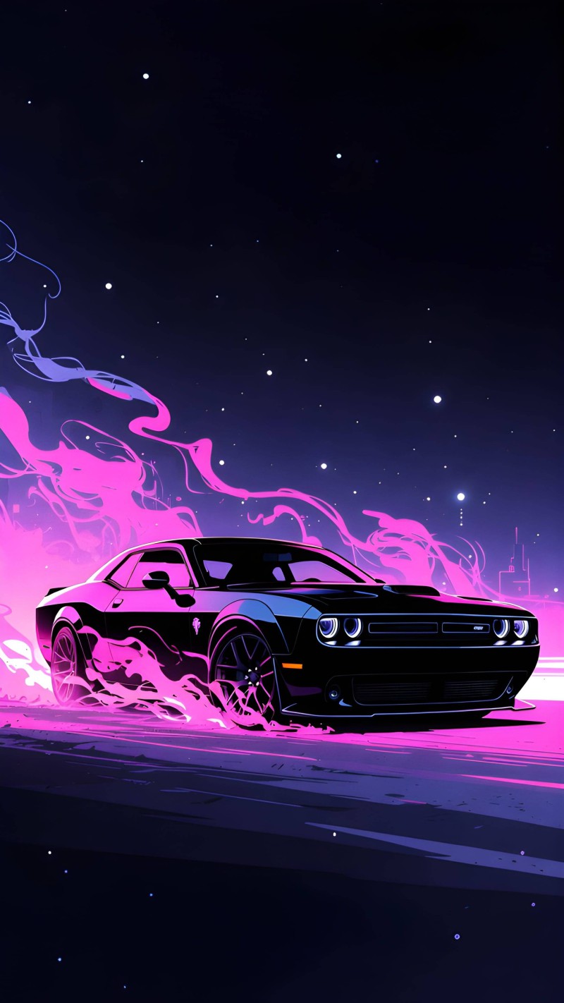 Neon Synthwave Challenger: Pink Smoke Night Drive 4K Ink Wallpaper