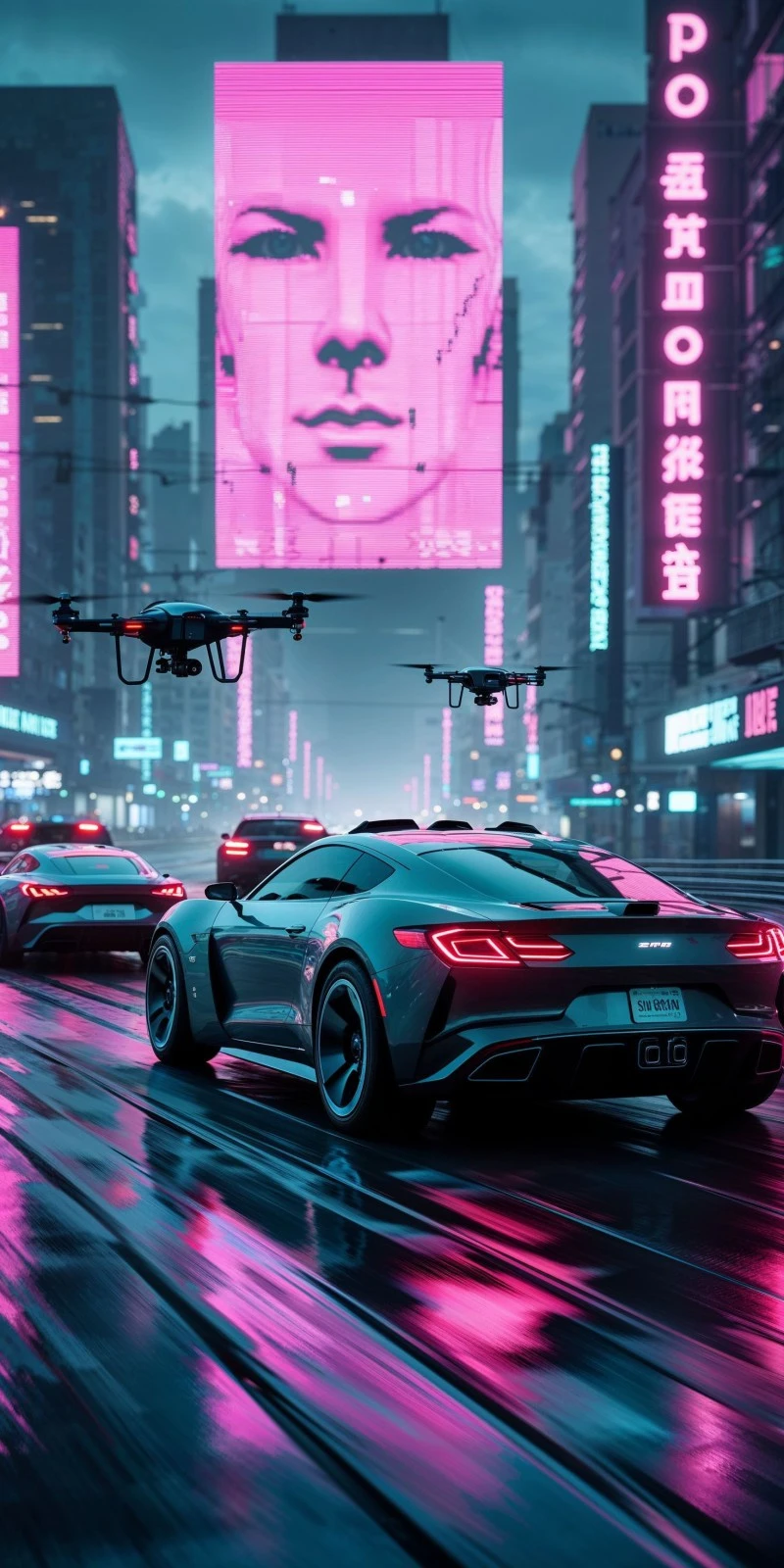 Cyberpunk Cityscape with AI Drones 4K Mobile Wallpaper