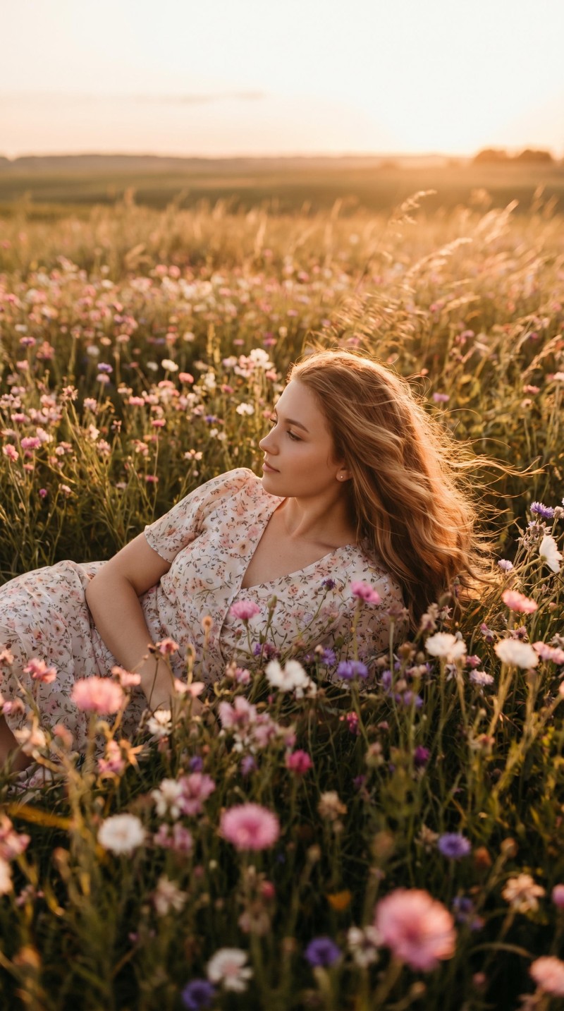 Beautiful Girl Relaxing in a Vibrant Flower Field at Sunset 4K Field Wallpaper