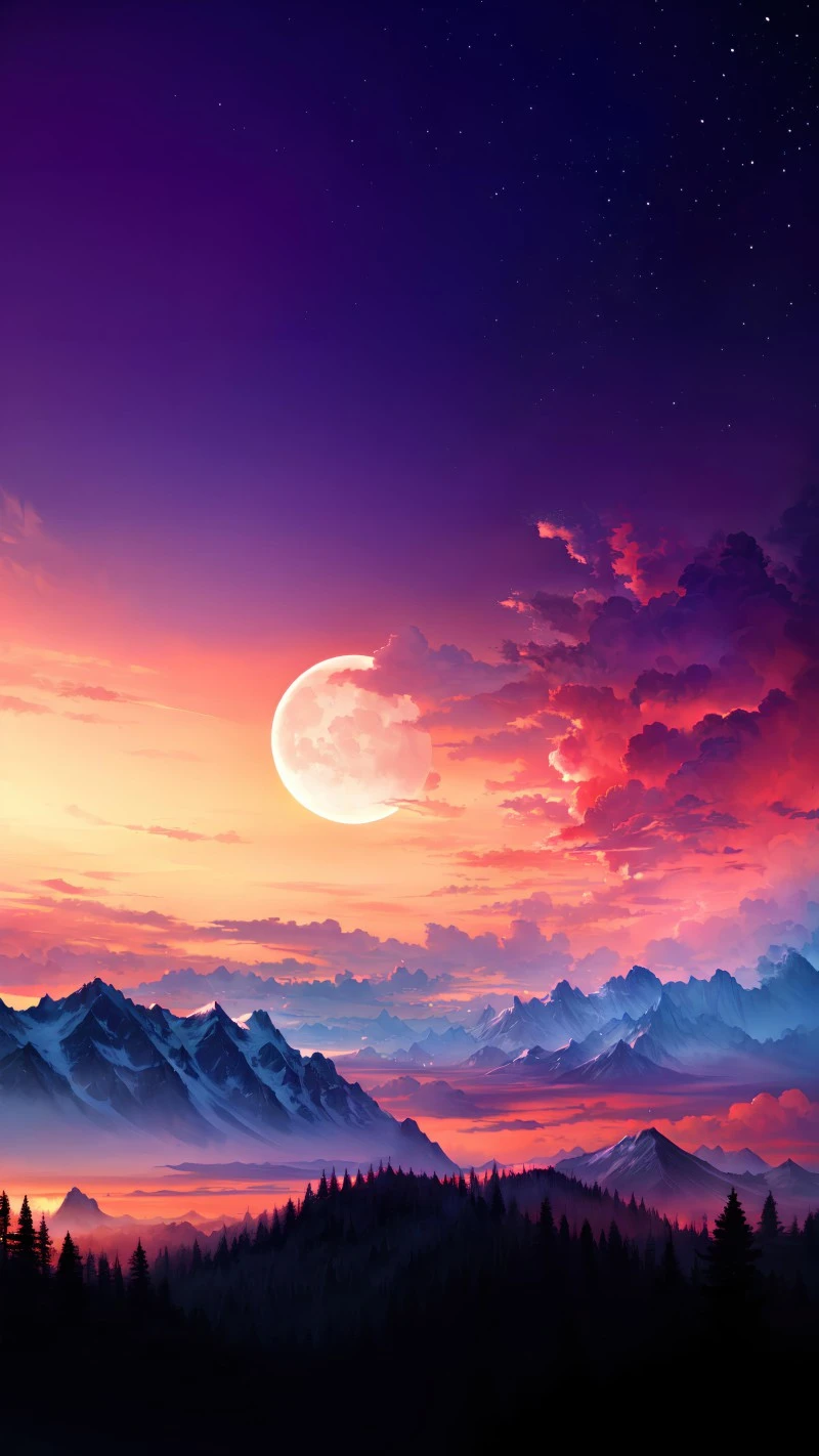 Sunset Over Mountains and Moon 4K Mobile Wallpaper