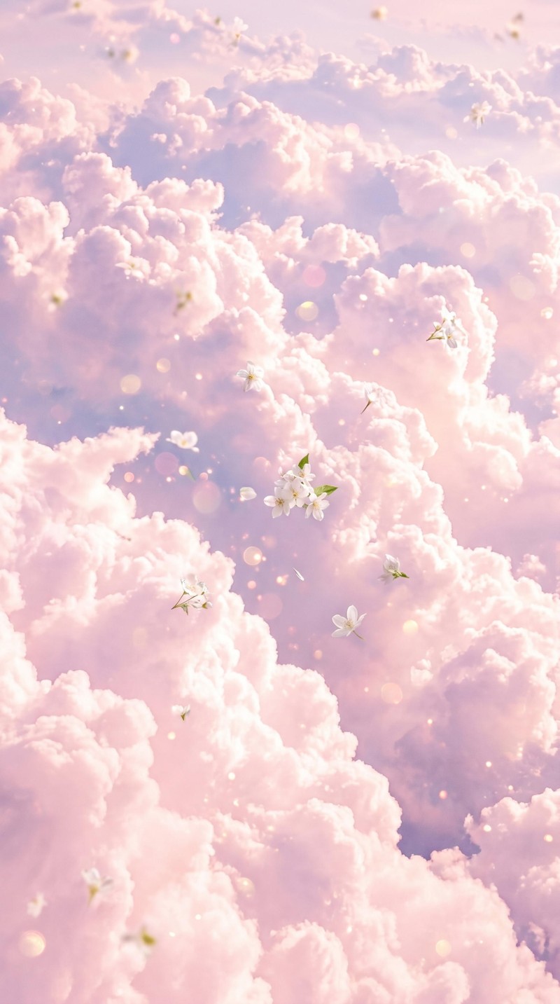 Dreamy Pink Cloudy Sky with Flowers Phone Lock Screen 4K Oc Wallpaper