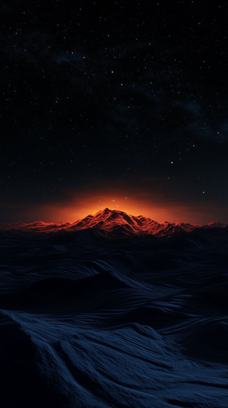 Starry Night Orange Glowing Mountains Landscape 4K Wing Wallpaper