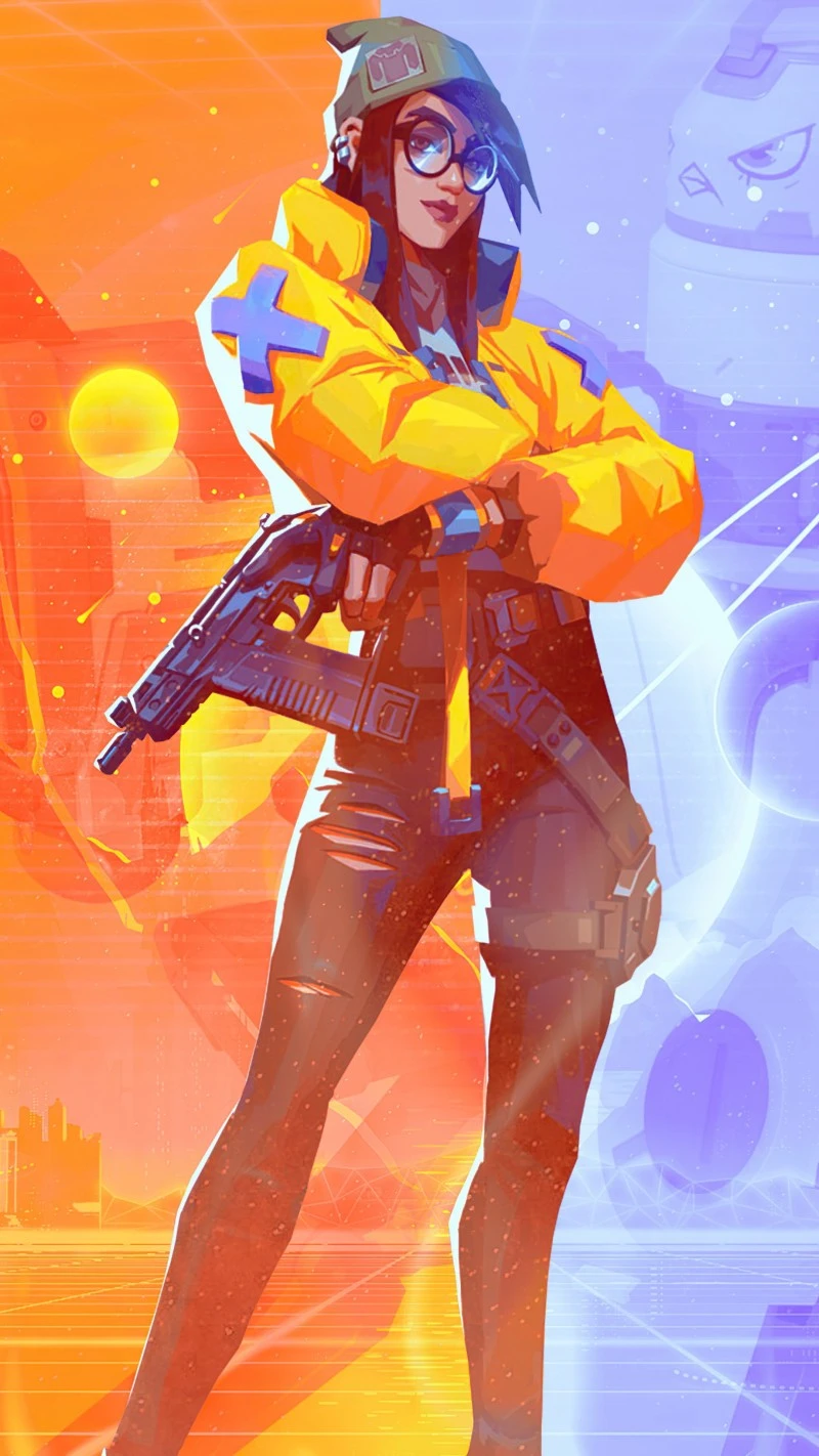 Vibrant Orange Cyberpunk Girl with Futuristic Rifle Portrait Wallpaper 4K Mobile Wallpaper
