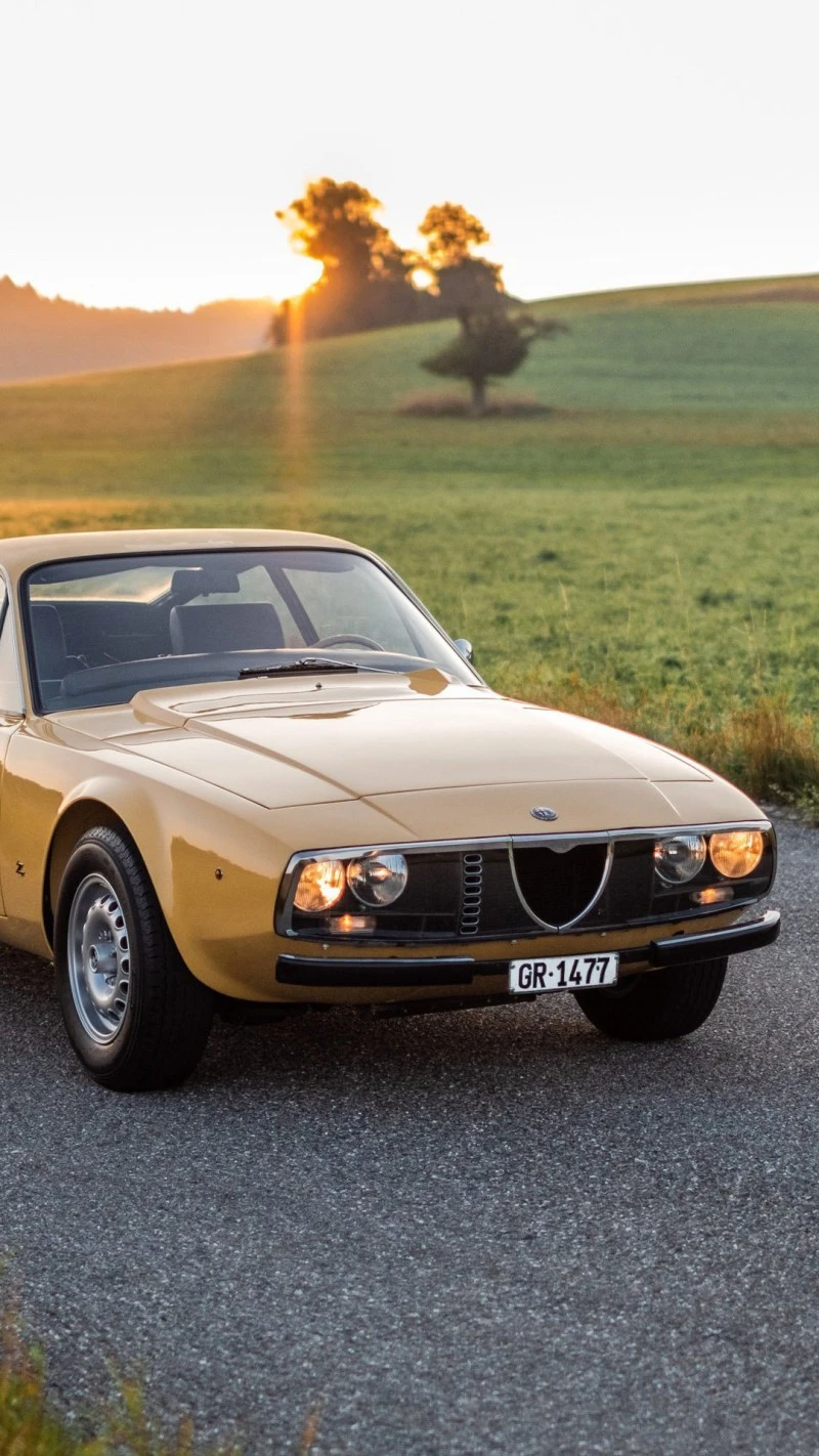 Alfa Romeo GT 1300 Junior in Sunset Field 4K Mobile Wallpaper