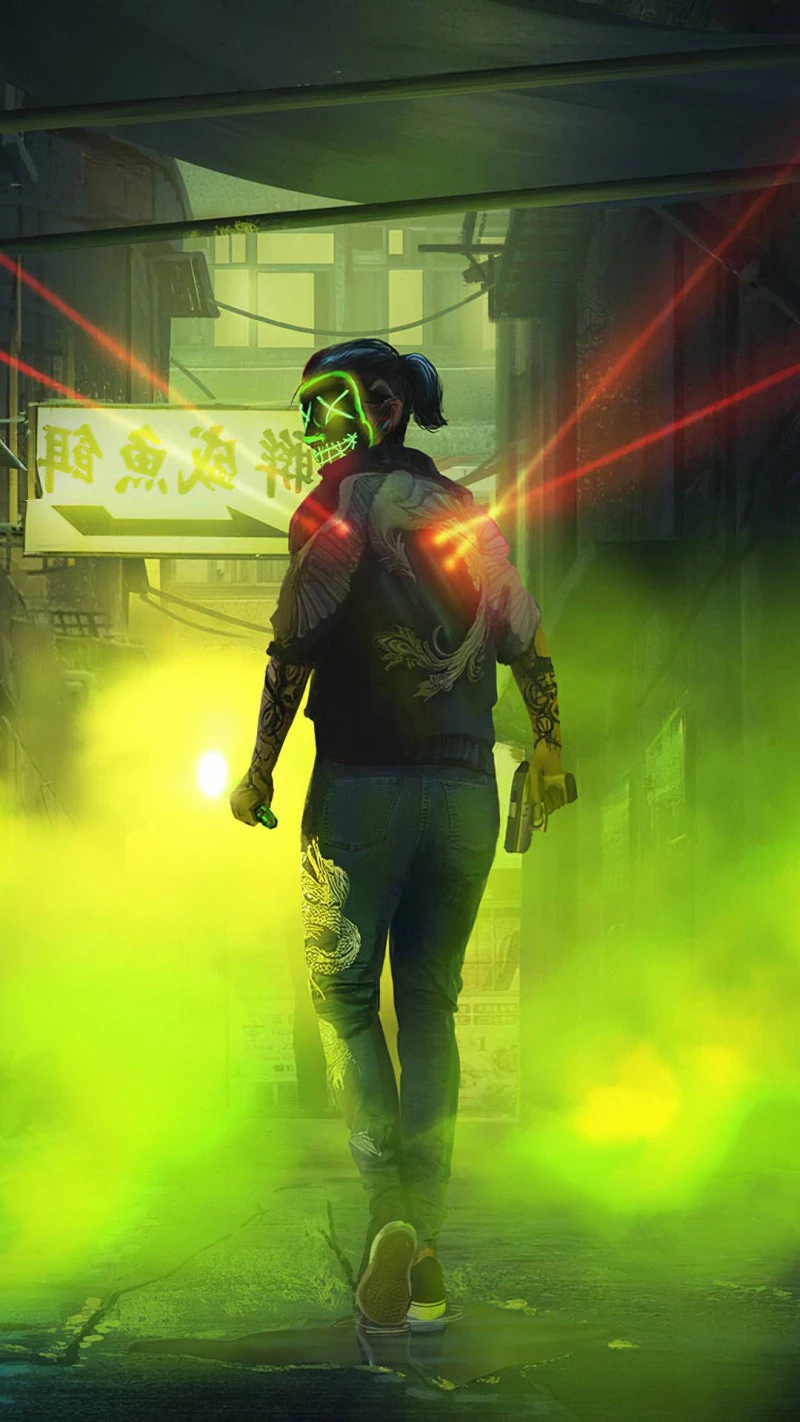 Green Neon Mask in Asian Alleyway 4K Mobile Wallpaper