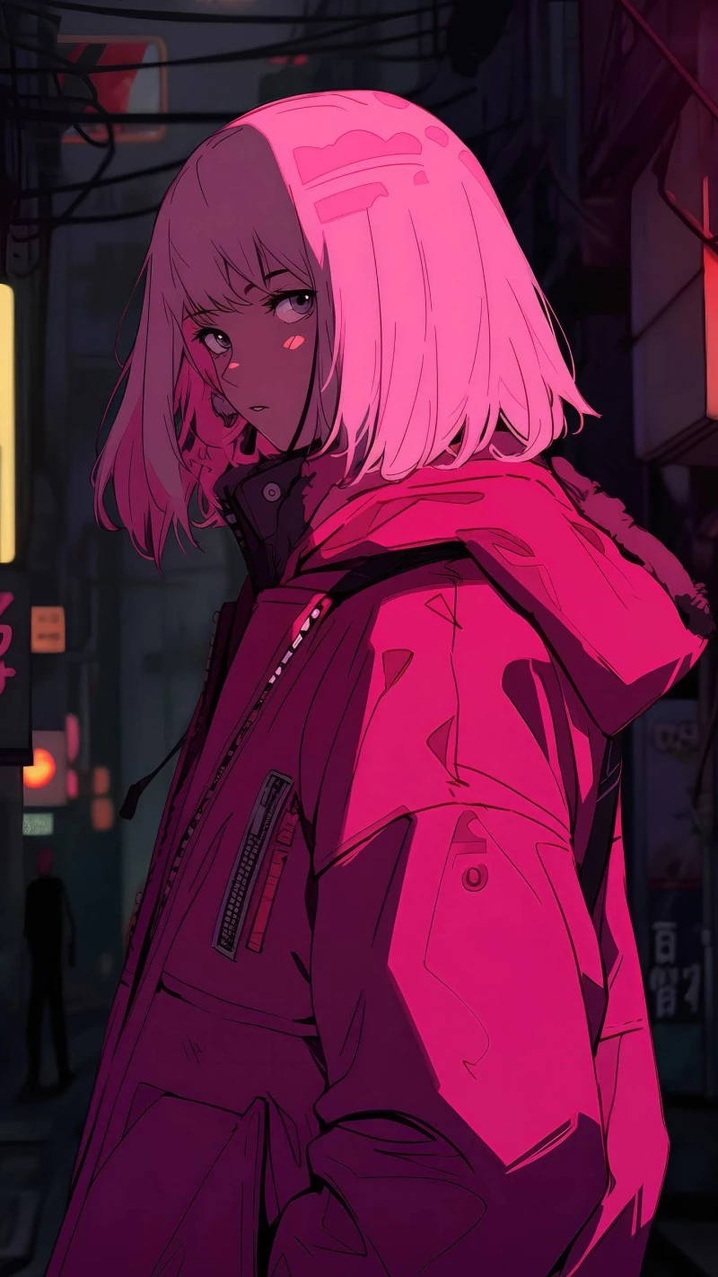 Cyberpunk Anime Girl in Pink 4K Mobile Wallpaper