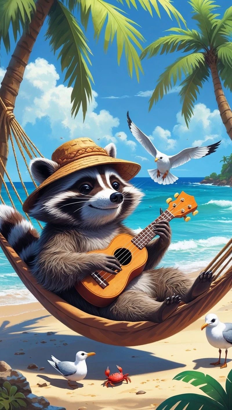 AI-Generated Image: Raccoon Playing Ukulele on the Beach 4K Mobile Wallpaper