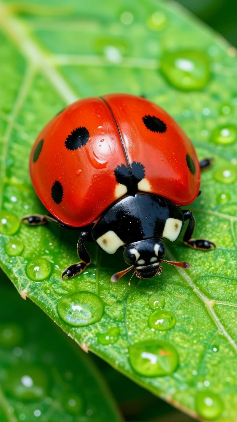 Cute Red Ladybug on Green Leaf with Dew Drops 4K Green Wallpaper