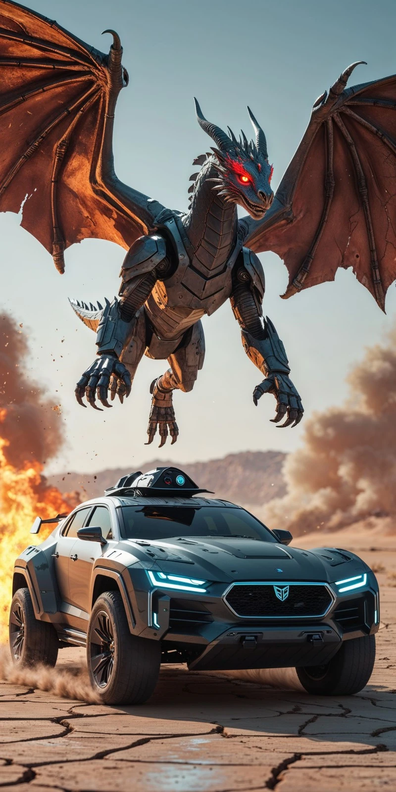 AI-Generated Mechanical Dragon and Futuristic SUV 4K Mobile Wallpaper