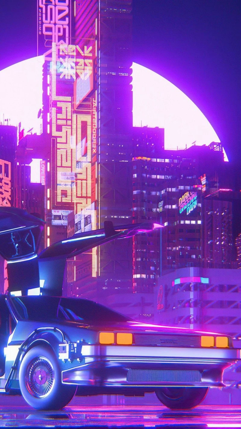 Cyberpunk Cityscape with DeLorean Time Machine 4K Mobile Wallpaper