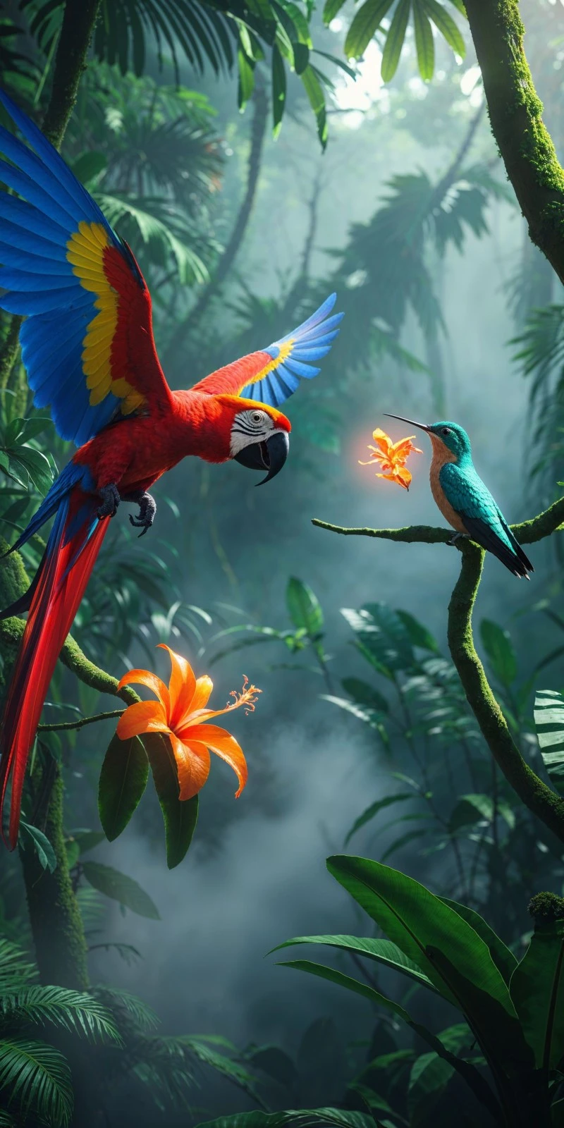 Macaw and Hummingbird in Tropical Forest 4K Mobile Wallpaper