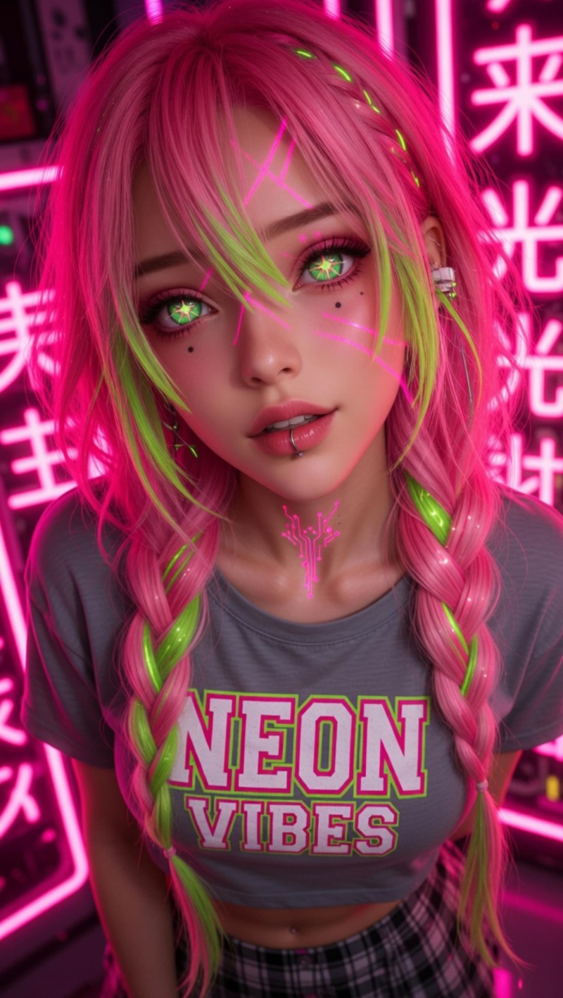 Cyberpunk girl with vibrant pink and green neon hair 4K Mobile Wallpaper