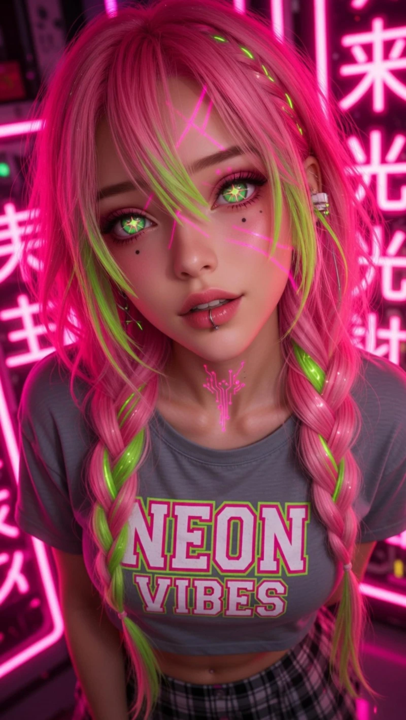 Cyberpunk girl with vibrant pink and green neon hair 4K Mobile Wallpaper