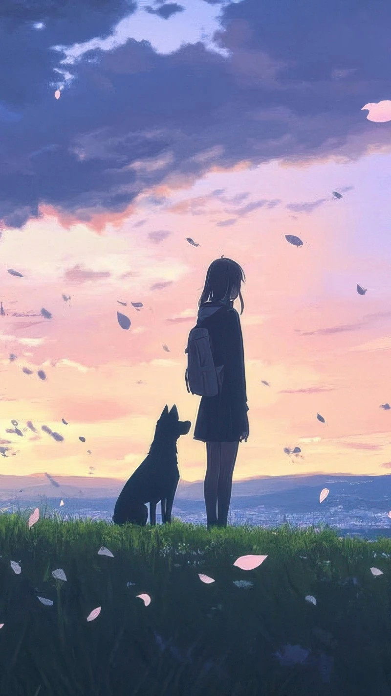Sunset Serenity with Girl and Dog 4K Mobile Wallpaper
