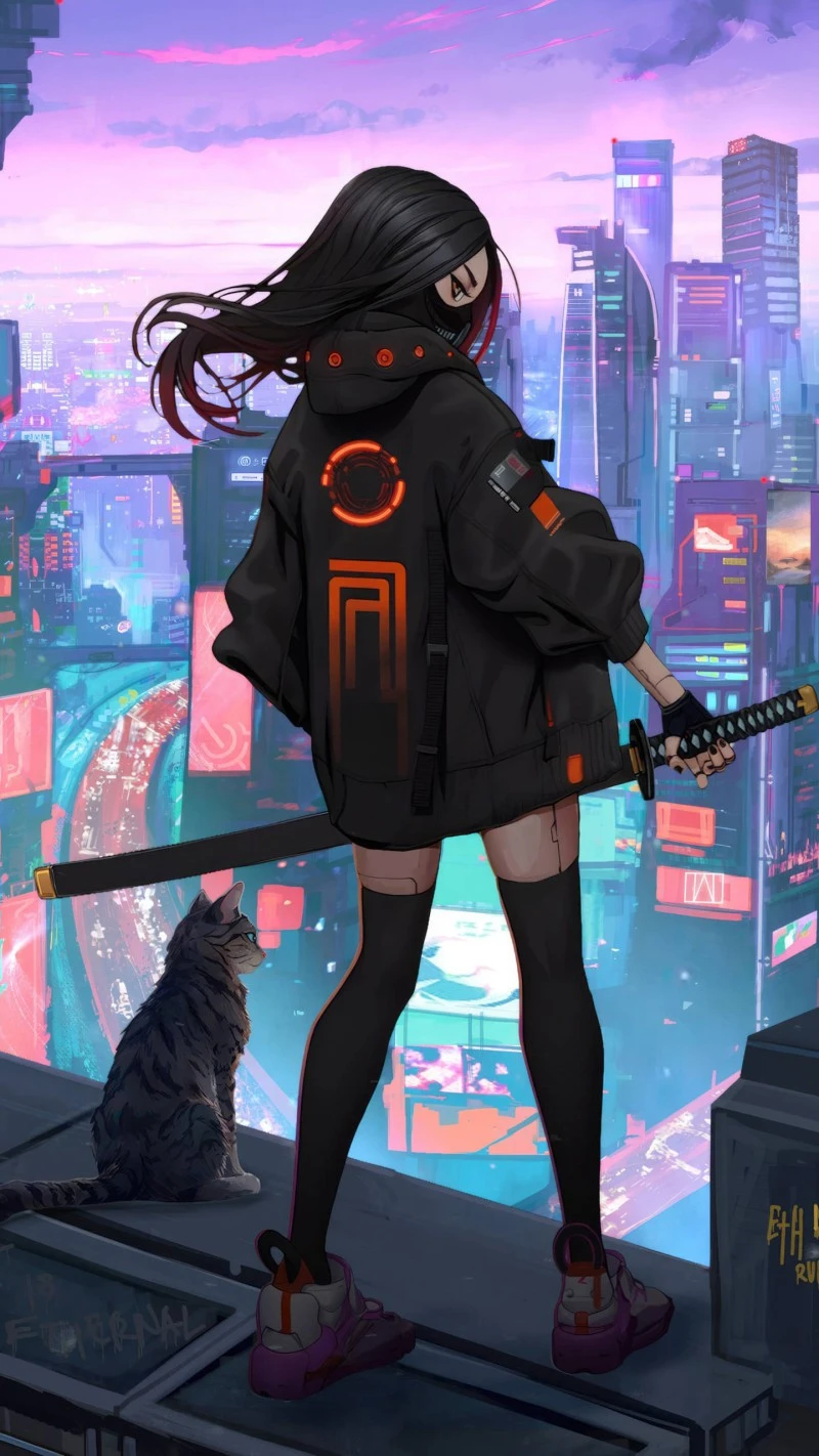 Cyberpunk Girl with Cat 4K Mobile Wallpaper