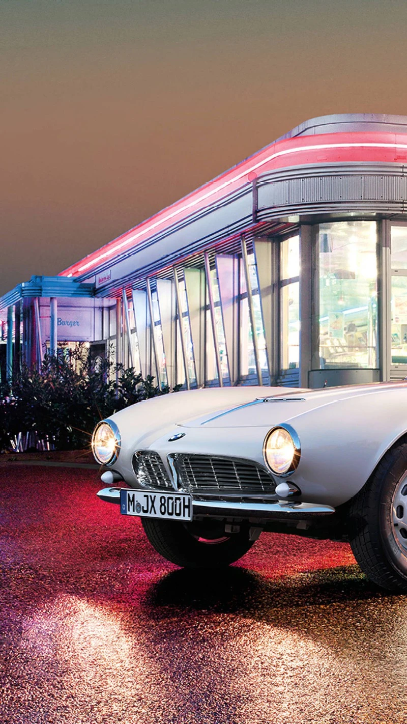 Classic BMW 507 at a Retro Diner 4K Mobile Wallpaper