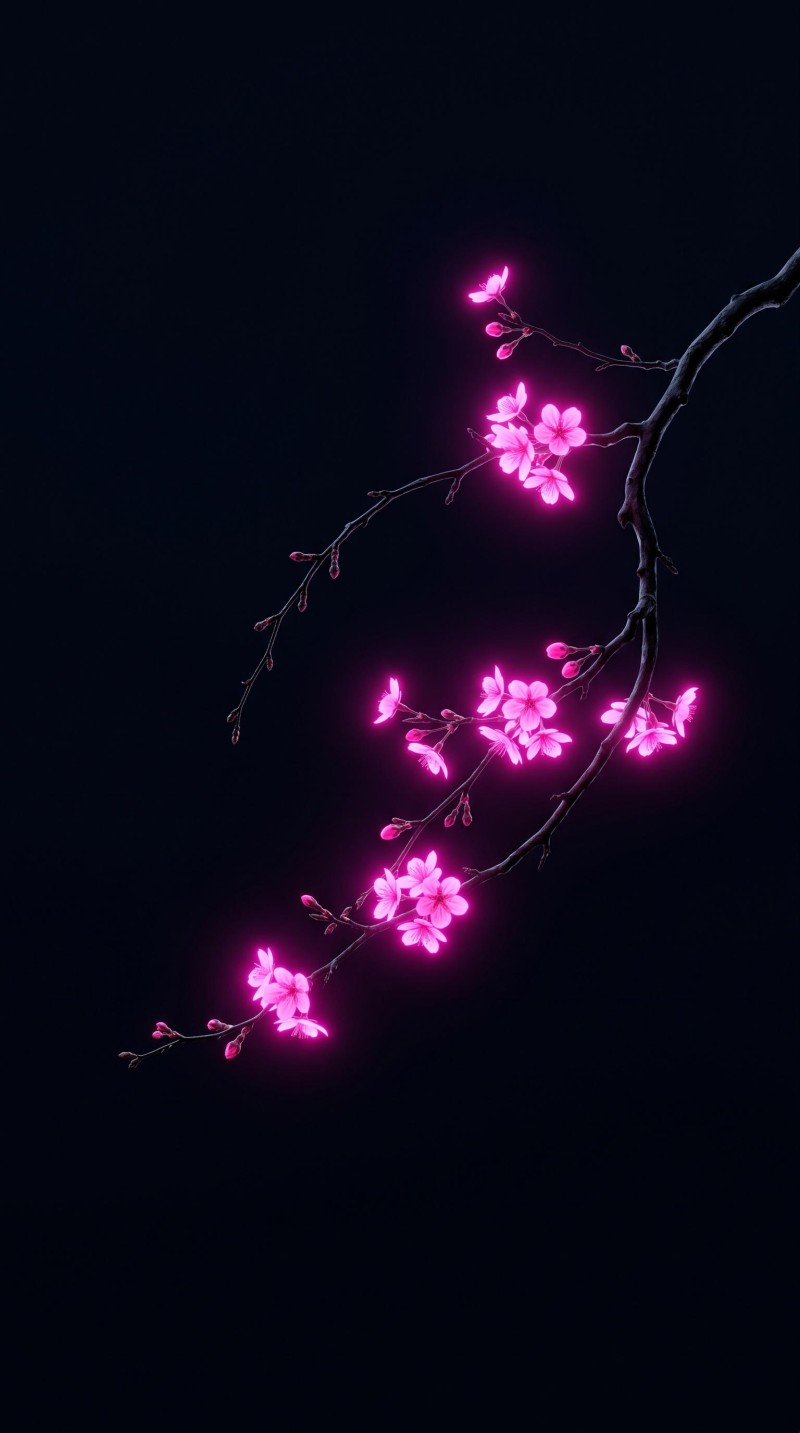 Neon Pink Cherry Blossom Branch Dark AMOLED Wallpaper for iPhone 4K Ink Wallpaper