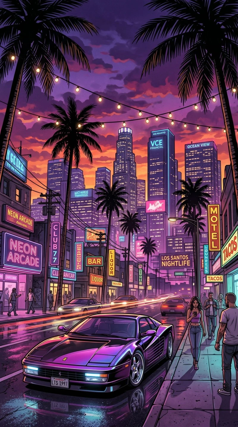 GTA Retro Styled City Street with Classic Sports Car Illustration 4K Mobile Wallpaper