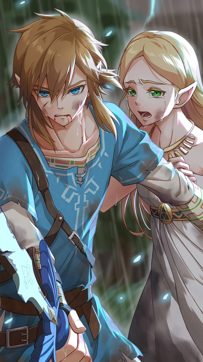 Emotional Rainy Scene of Link and Zelda The Legend of Zelda 4K Mobile Wallpaper