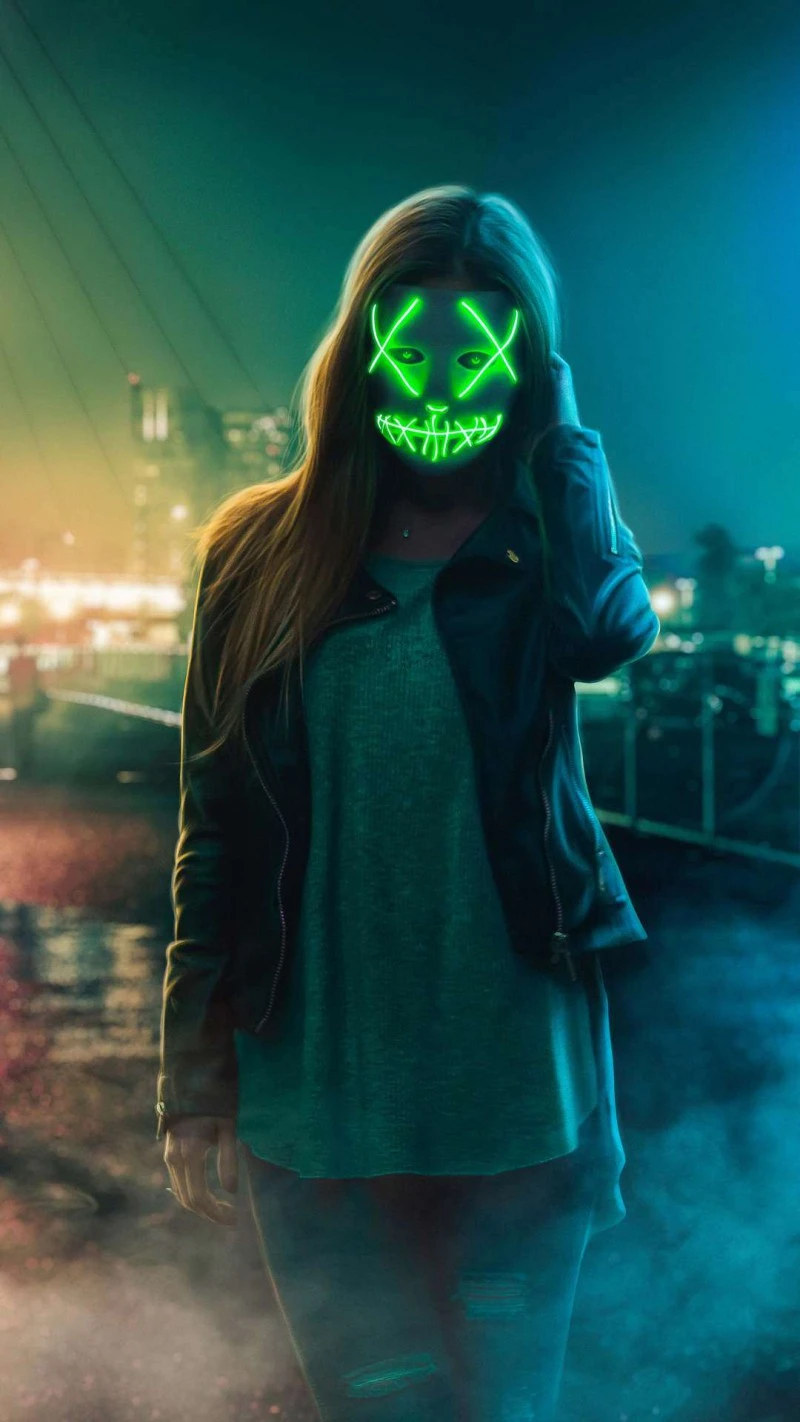 Woman in Green LED Mask 4K Mobile Wallpaper