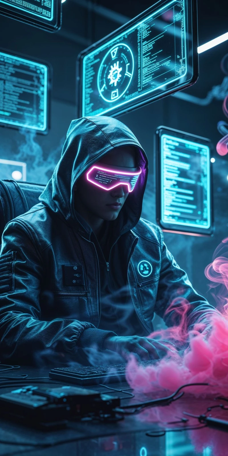 Cyberpunk Hacker at Work 4K Mobile Wallpaper