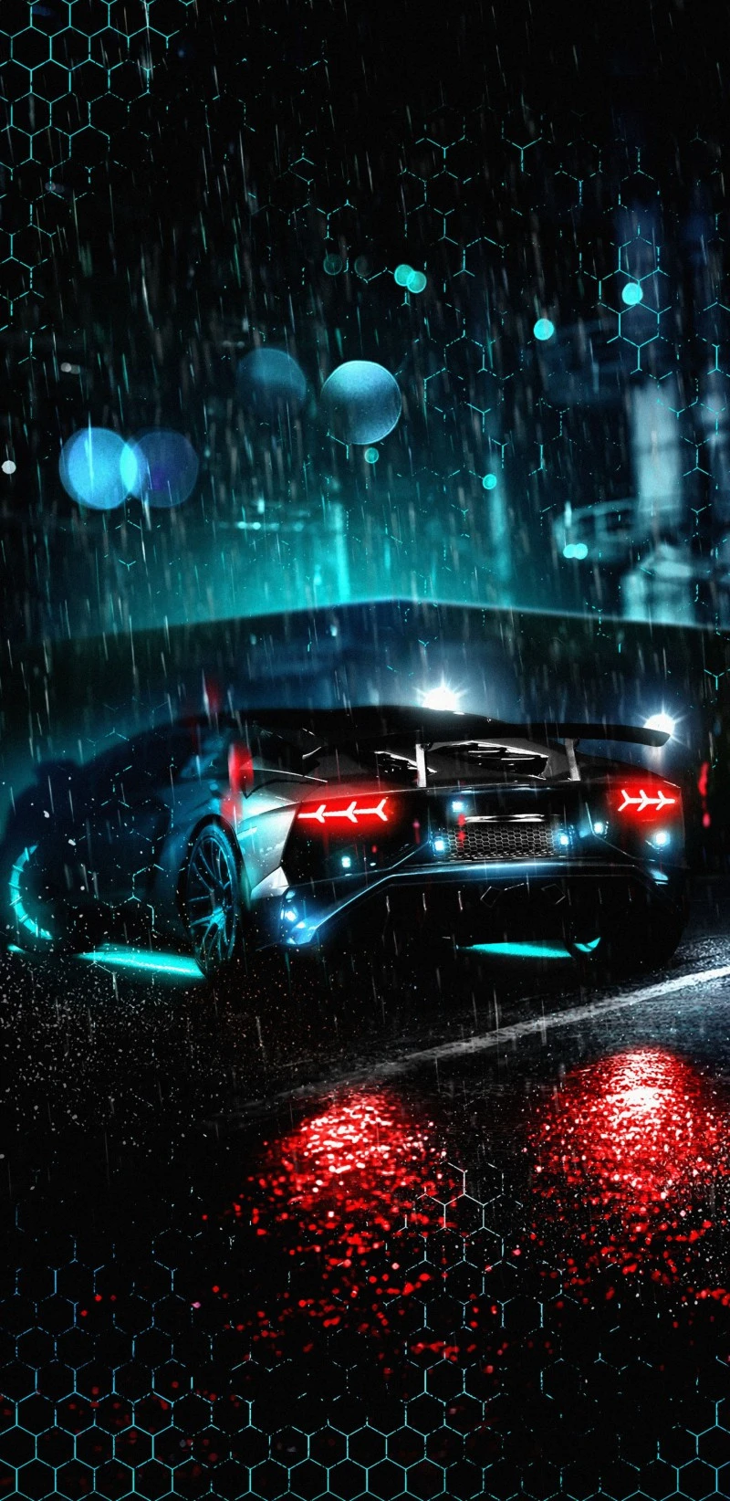 Cyberpunk Lamborghini in the Rain 4K Mobile Wallpaper