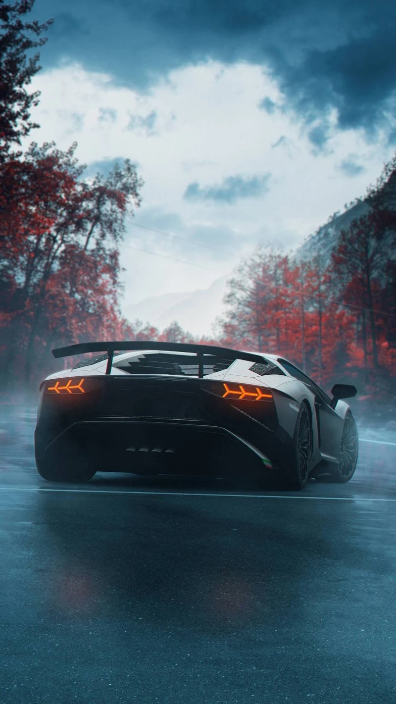 Lamborghini Aventador in Misty Autumn Forest 4K Mobile Wallpaper
