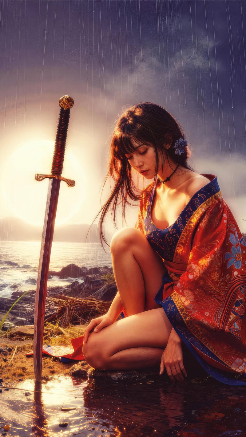 4K mobile wallpaper Warrior Girl with Sword on Beach - high resolution for Android and iPhone