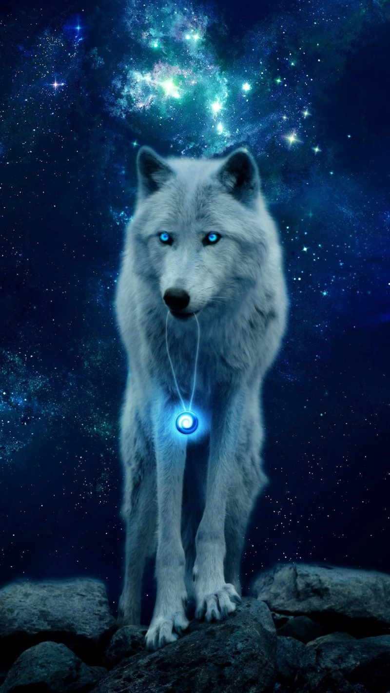 Mystical Wolf with Celestial Pendant 4K Mobile Wallpaper