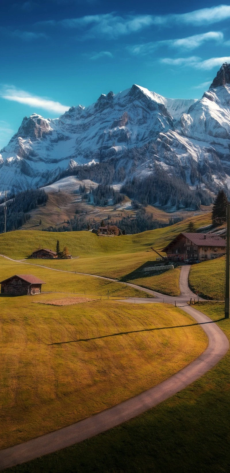 Alpine Farmland with Majestic Mountain View 4K Mobile Wallpaper