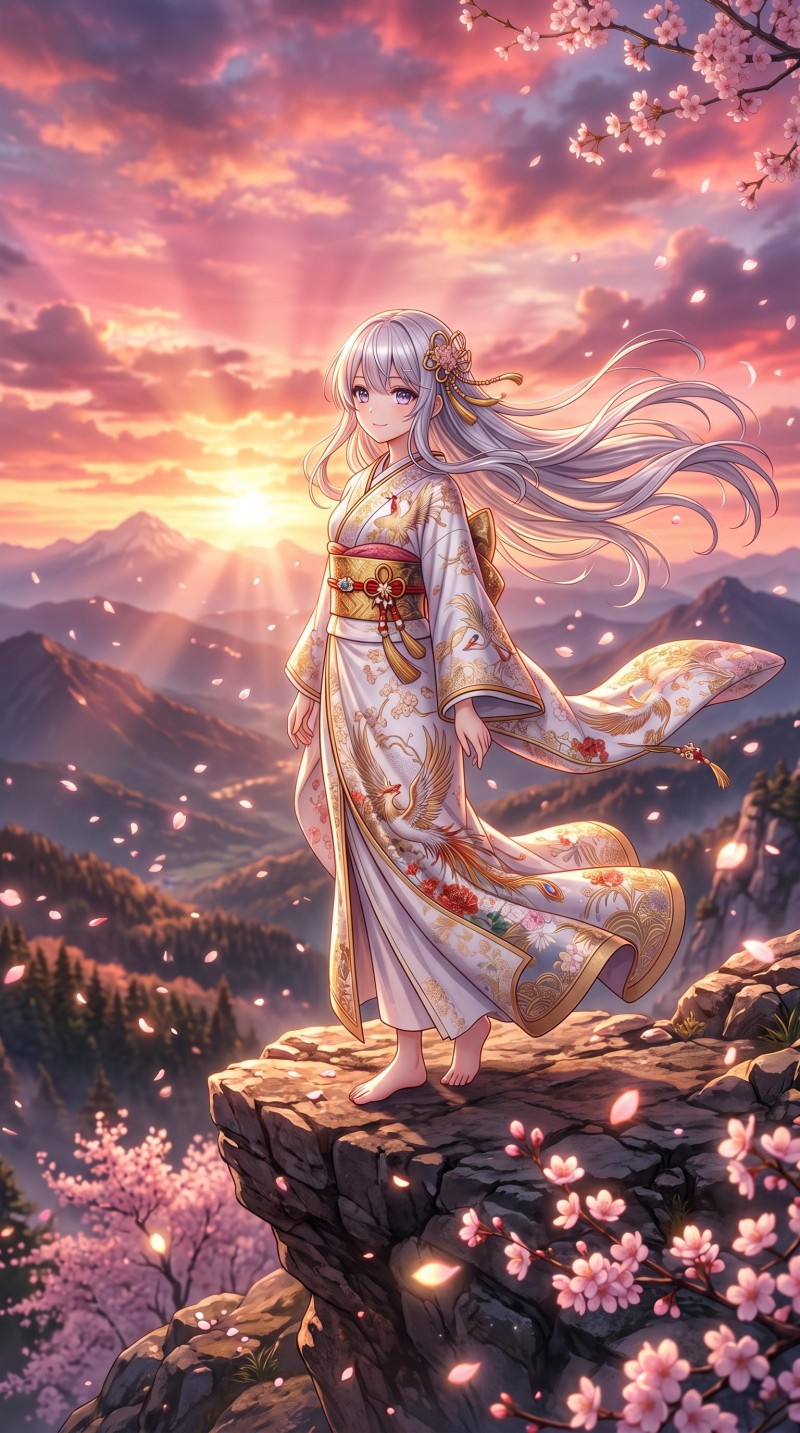 Vibrant Anime Girl with Long Hair on Cliffside Sunset Background 4K Sphere Wallpaper