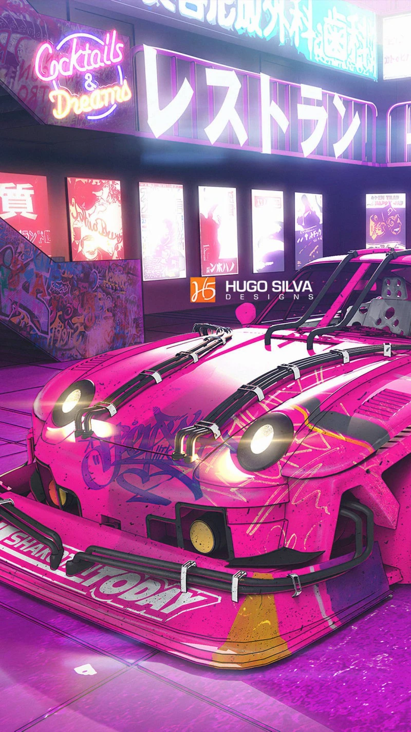 Cyberpunk Pink Car in Neon City 4K Mobile Wallpaper