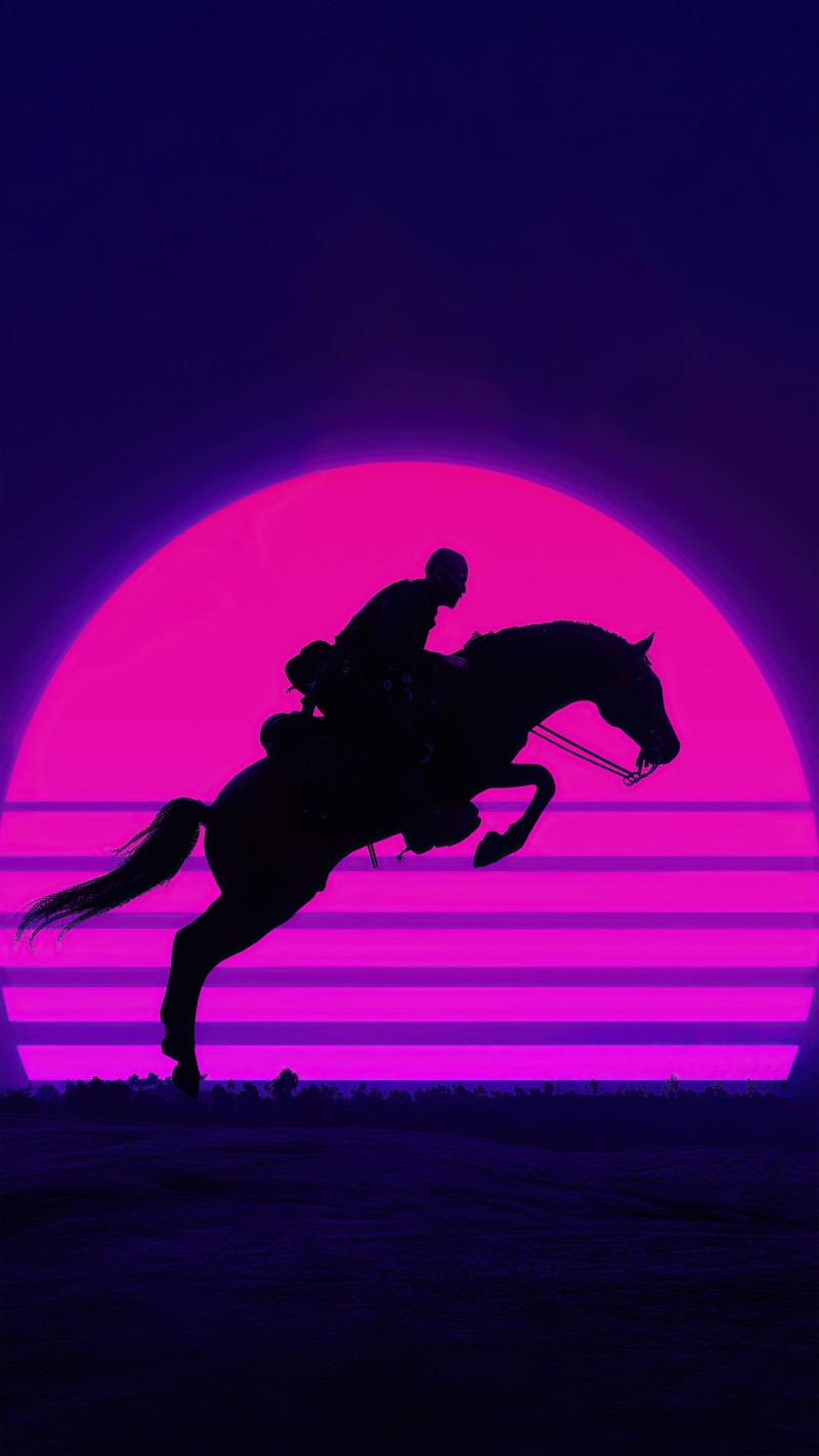 Neon Pink Retro Synthwave Cowboy Riding Horse Wallpaper 4K Mobile Wallpaper