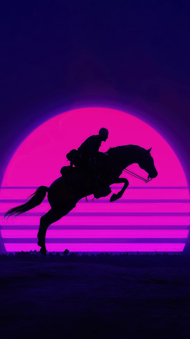 Neon Pink Retro Synthwave Cowboy Riding Horse Wallpaper 4K Mobile Wallpaper