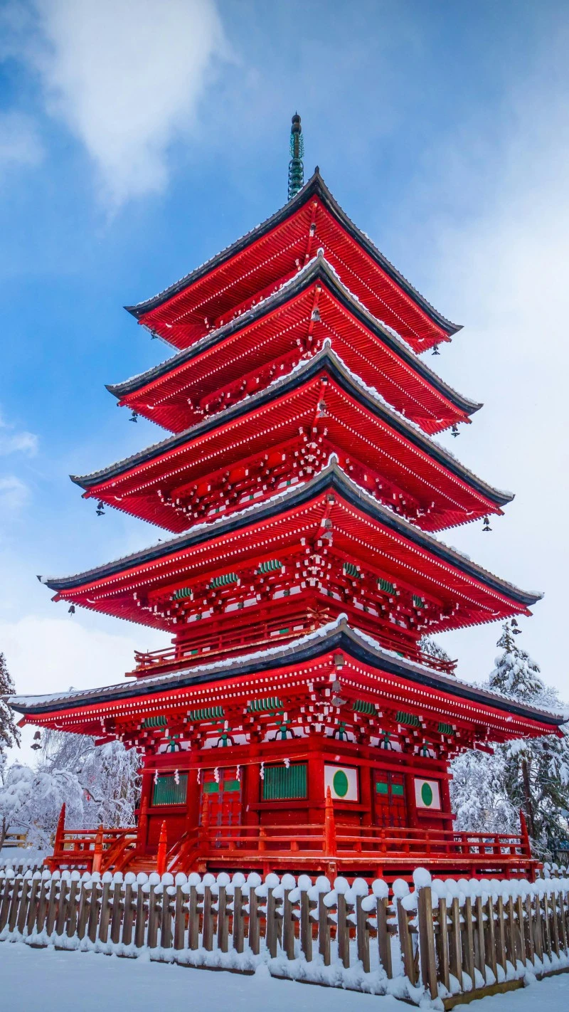Pagoda in the Snow 4K Mobile Wallpaper