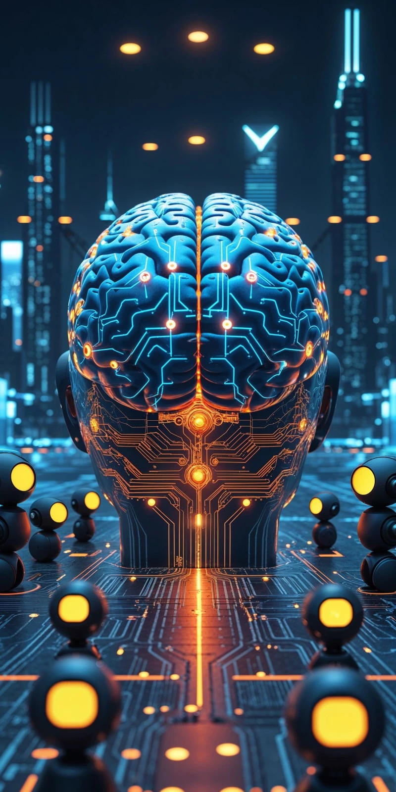 AI-Powered Brain in a Cyberpunk Metropolis 4K Mobile Wallpaper
