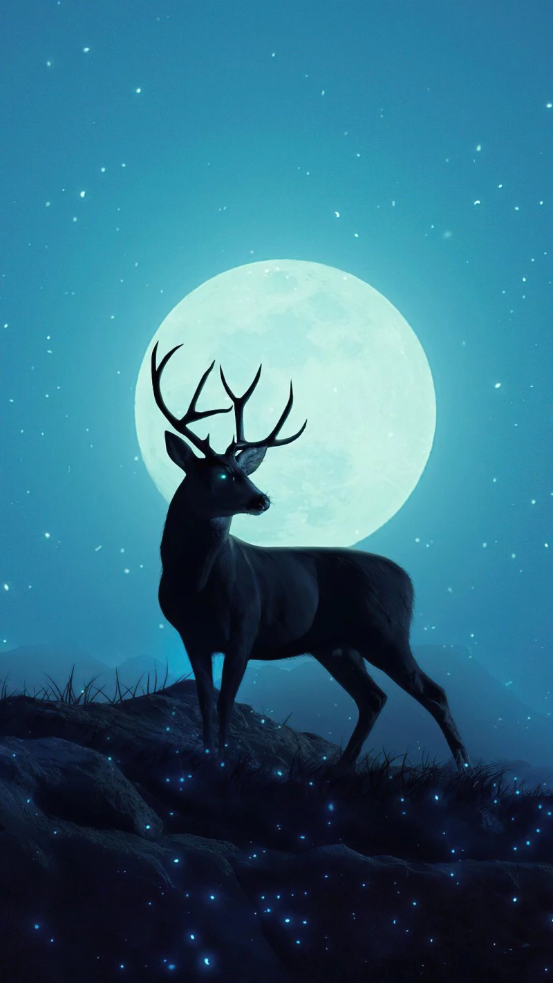 Silhouette of a Deer Under a Blue Moon 4K Mobile Wallpaper