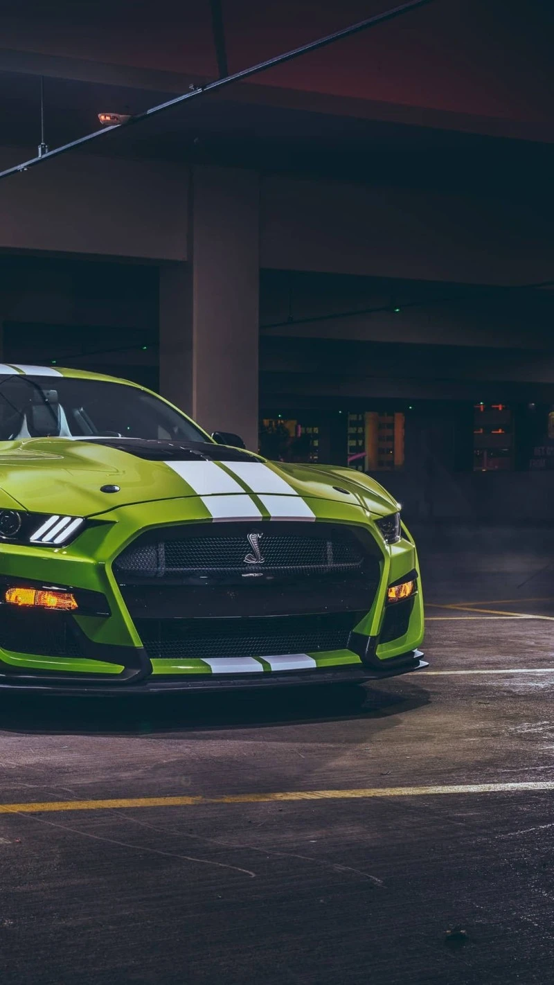 Green Mustang Shelby GT500 in Parking Garage 4K Mobile Wallpaper