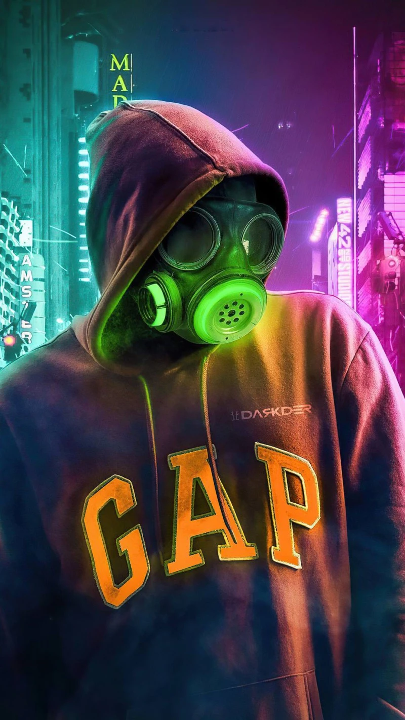 Neon City Gas Mask 4K Mobile Wallpaper