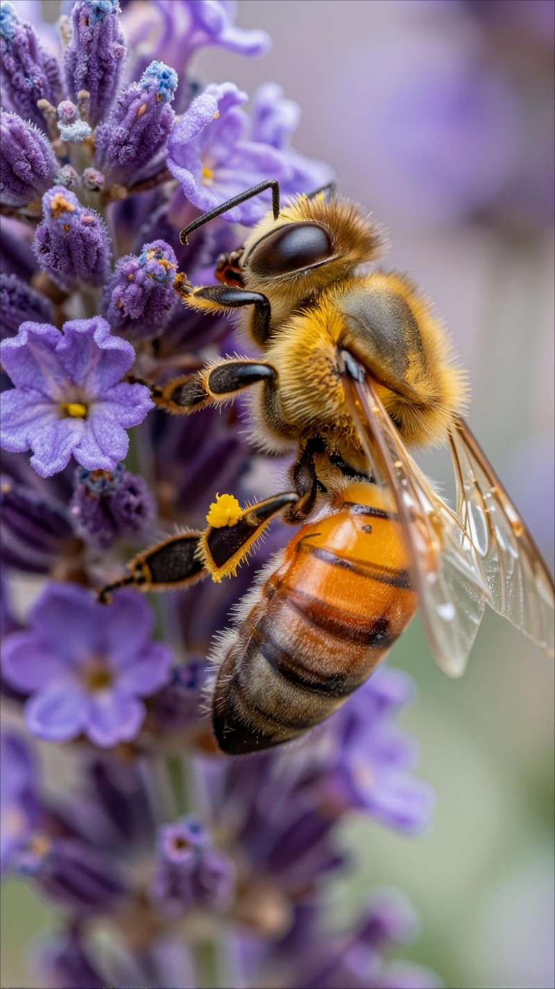 Busy Bee Pollinating Purple Lavender Flowers 4K Pollinator Wallpaper