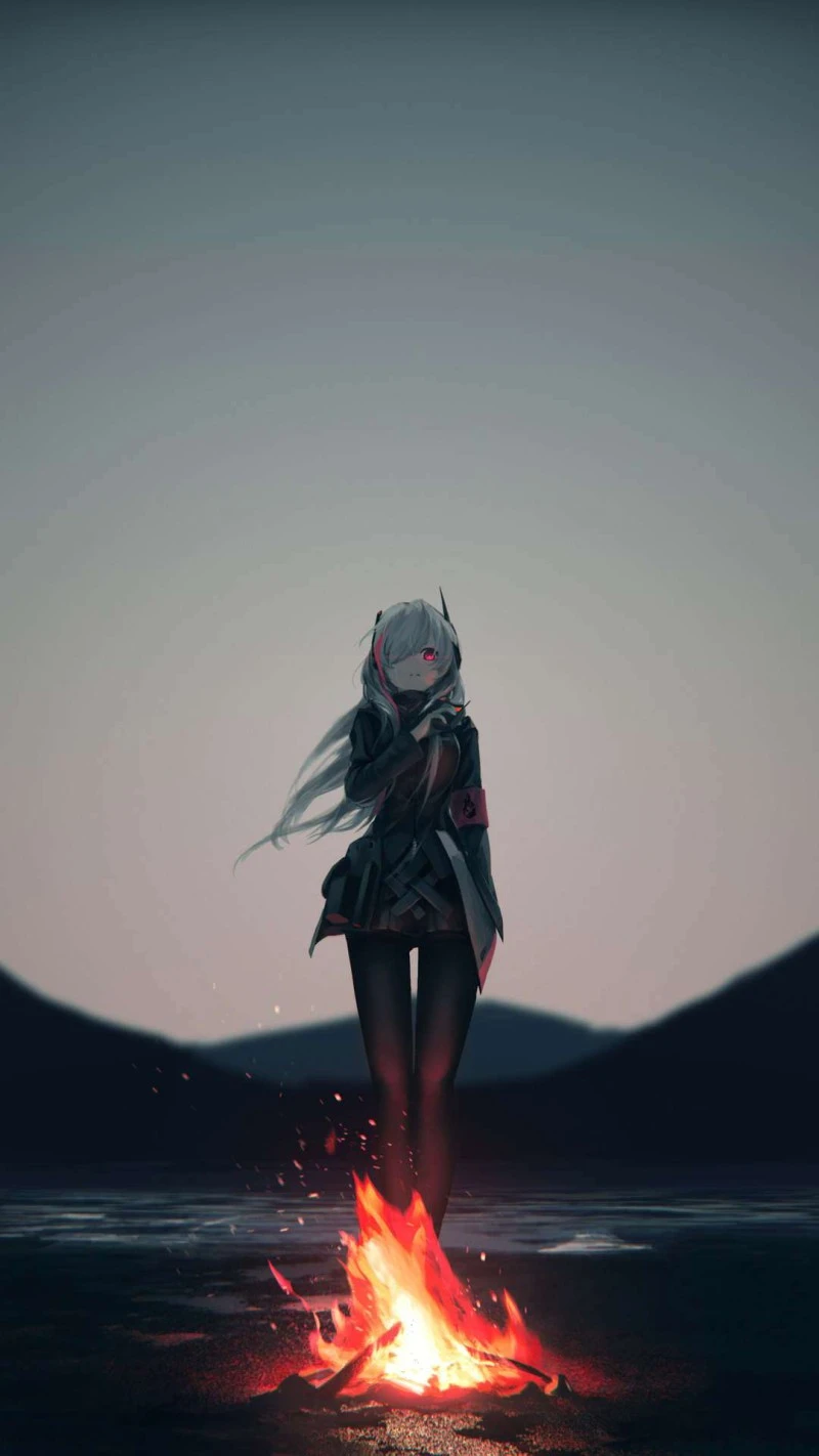 Anime Girl by the Campfire 4K Mobile Wallpaper