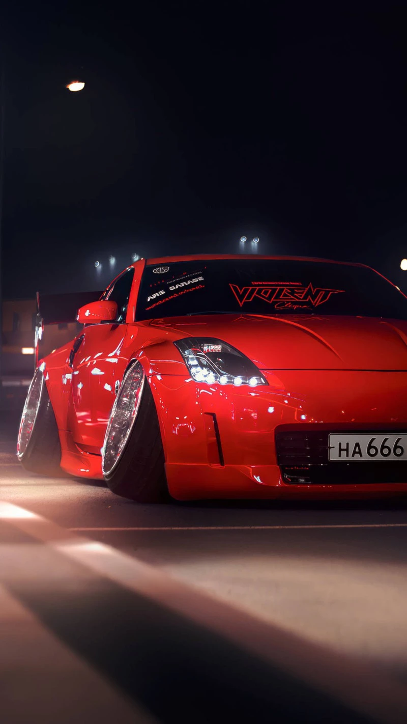 Red Nissan 350Z at Night 4K Mobile Wallpaper