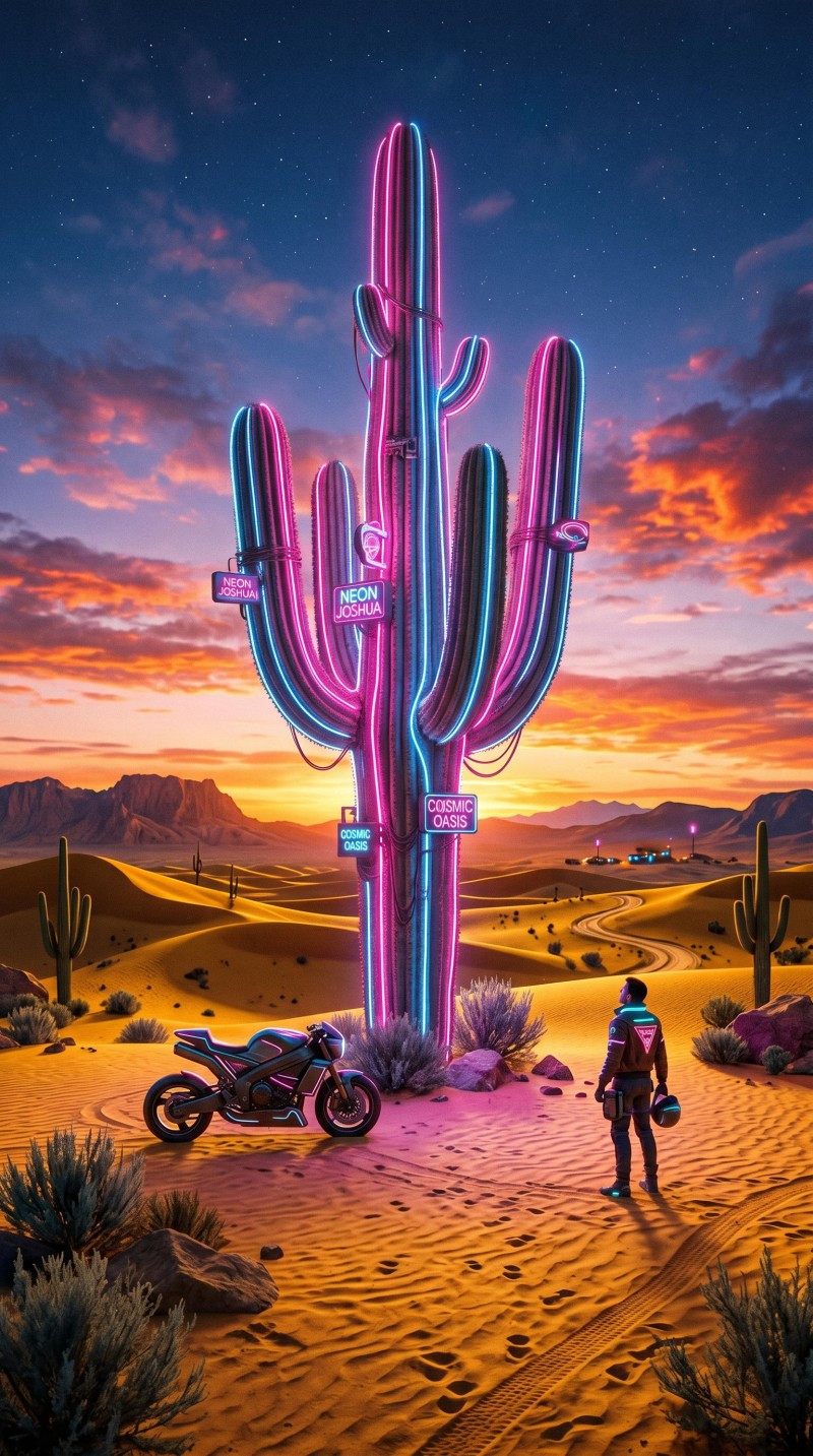 Vibrant Neon Cactus Desert Landscape with Motorcycle and Sunset 4K Orc Wallpaper