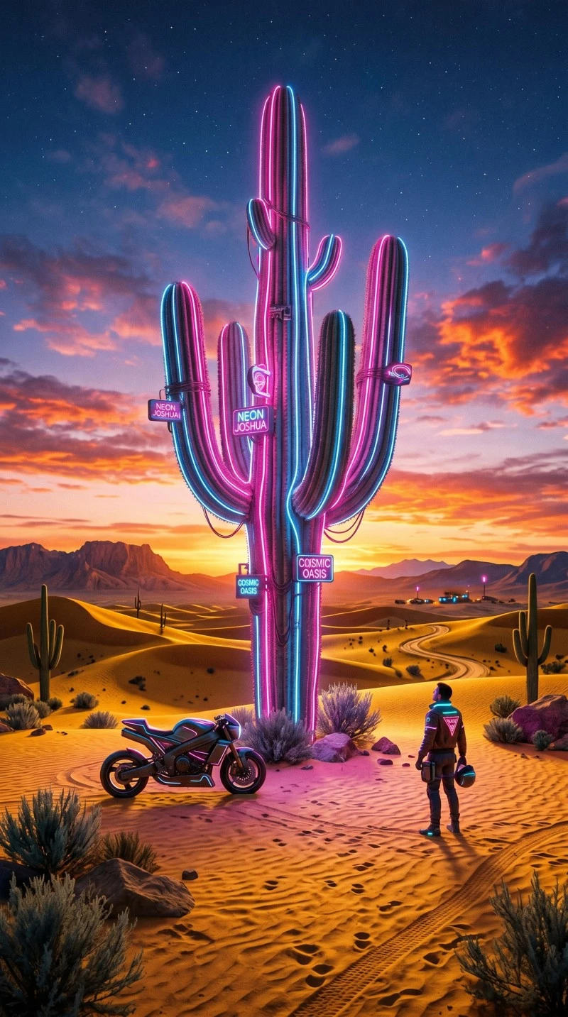 Vibrant Neon Cactus Desert Landscape with Motorcycle and Sunset 4K Mobile Wallpaper