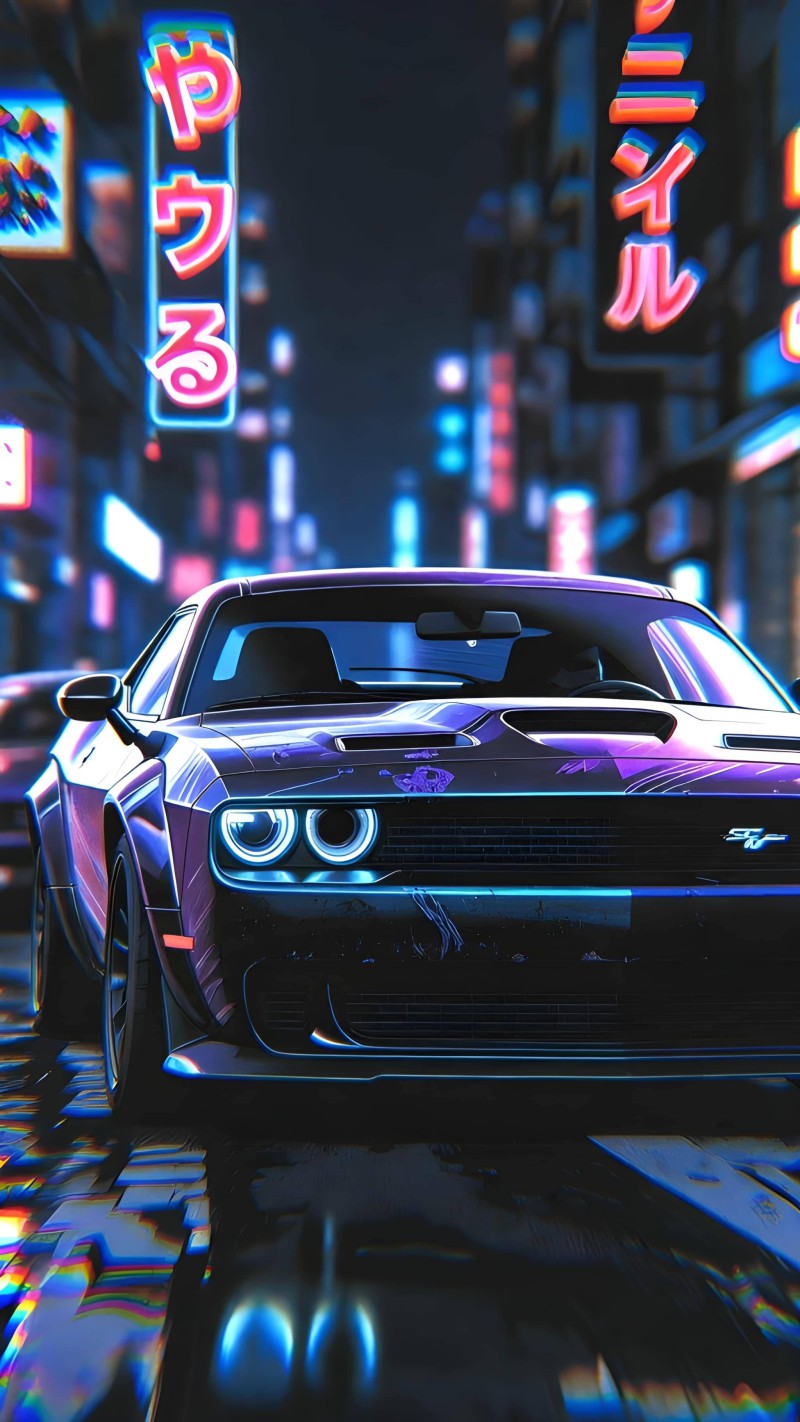 Cyberpunk Tokyo Dodge Challenger Neon Street 4K Sto Wallpaper