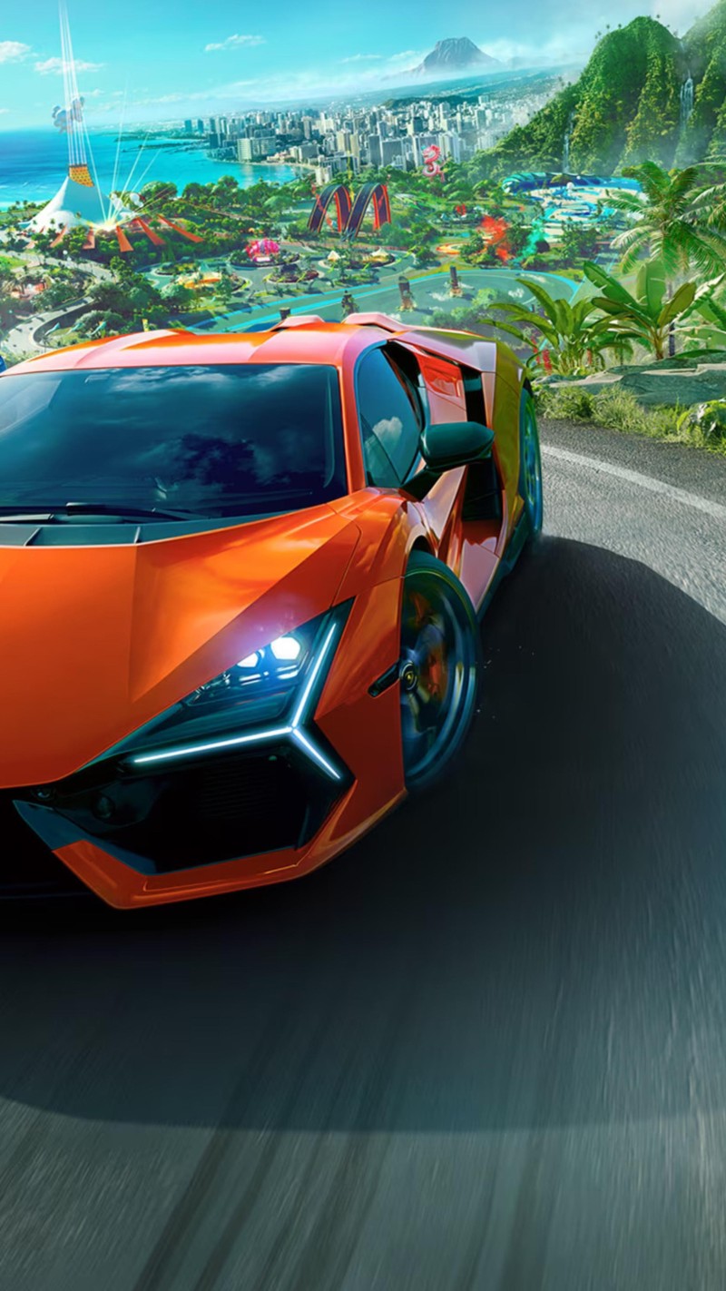 Vibrant Orange Lamborghini Racing on Tropical Road in Games 4K Orange Wallpaper
