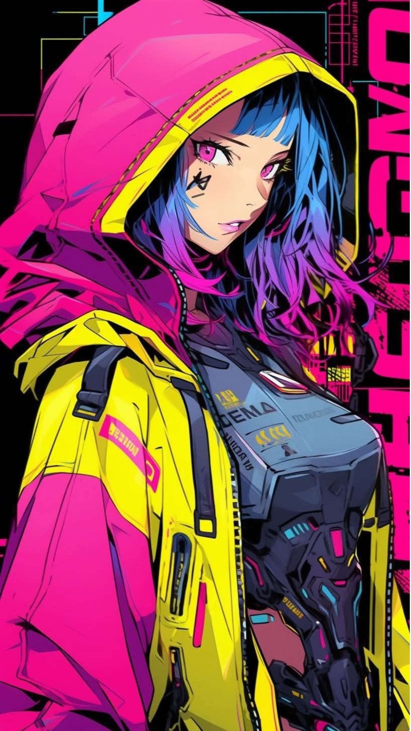 Cyberpunk Anime Girl with Blue and Pink Hair 4K Ash Wallpaper