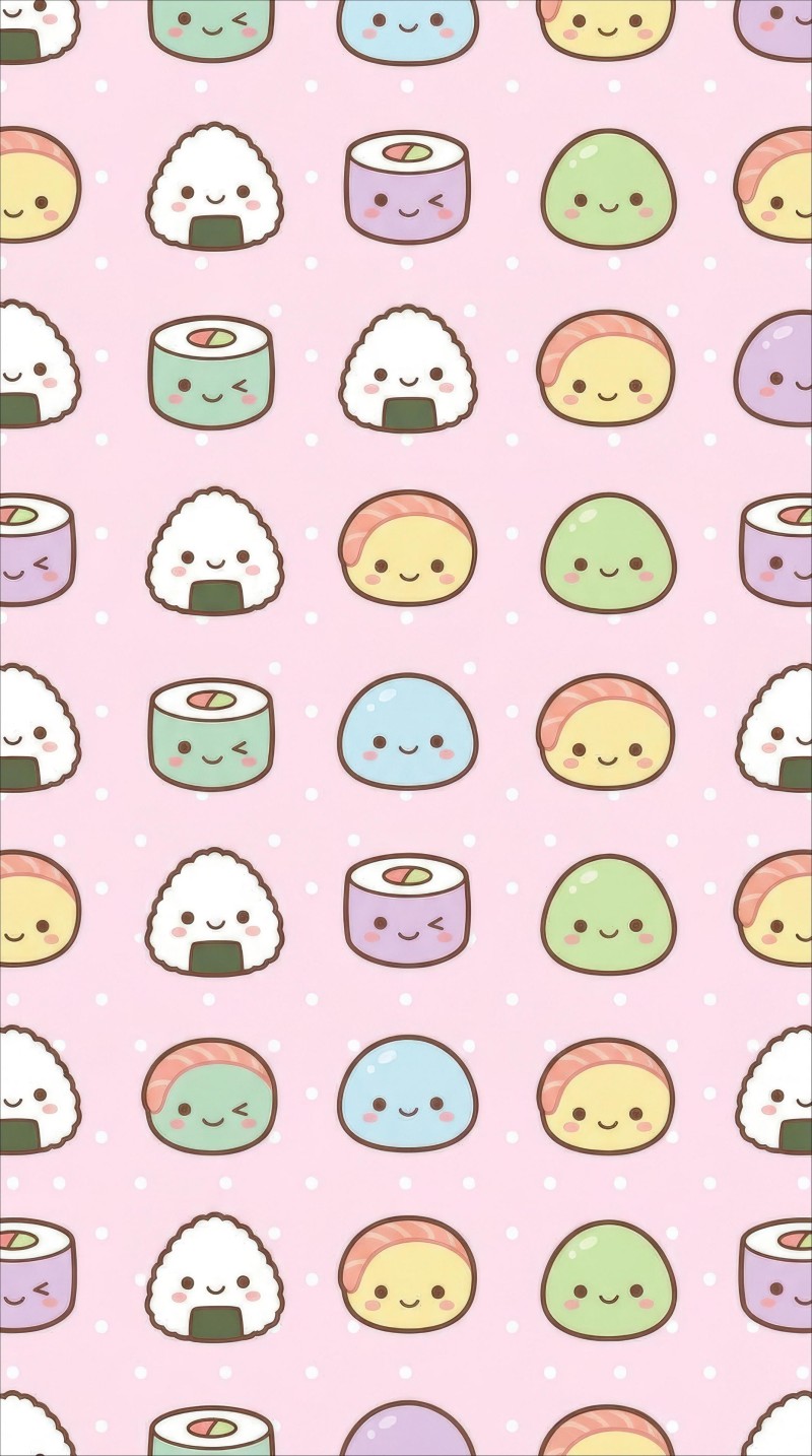 Kawaii Sushi Wallpaper with Cute Characters and Pastel Colors 4K Dots Wallpaper